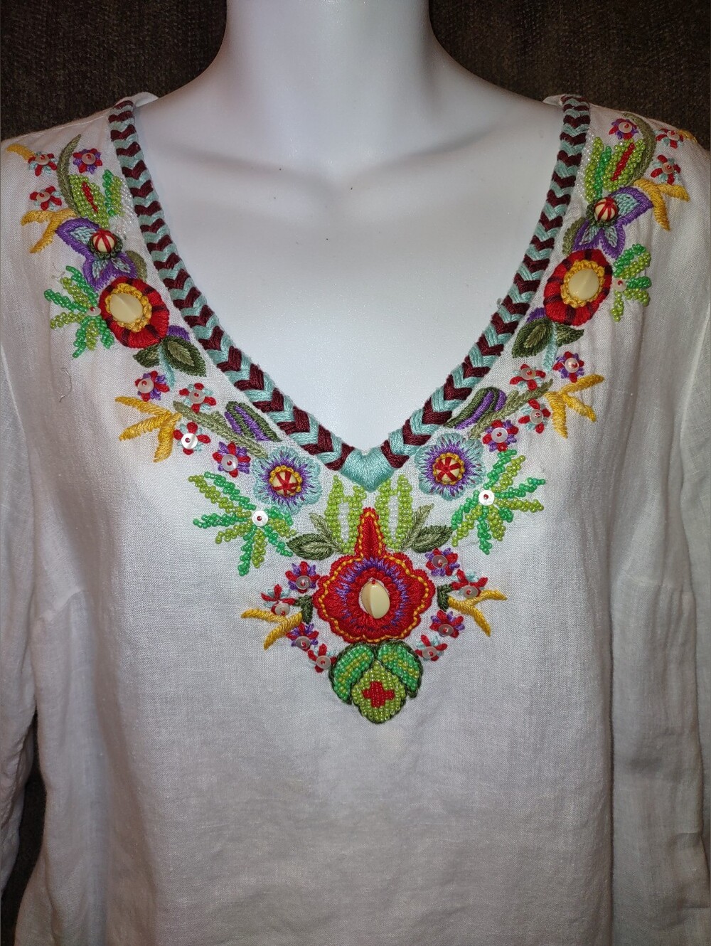 Soft Surroundings Embroidered Beaded Colorful Festive Bohemian Gypsy Top M
